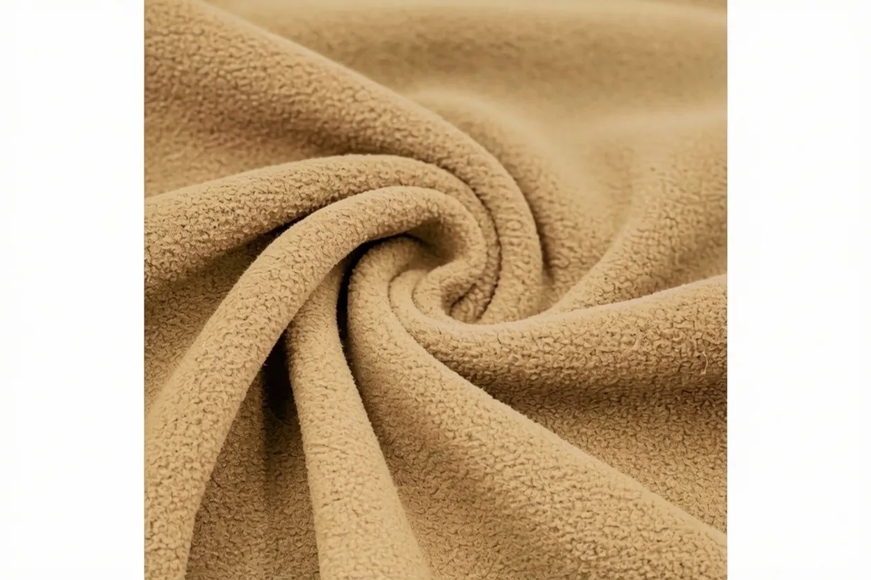 Polar fleece knit fabric in warm camel polyester with plush pile texture, manufactured at Apex Corporation knitwear factory in Karachi Pakistan